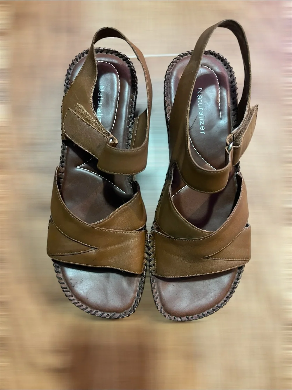 Naturalizer Brown Leather Wedge Sandals Women's Size 8.5 Comfort Stitching